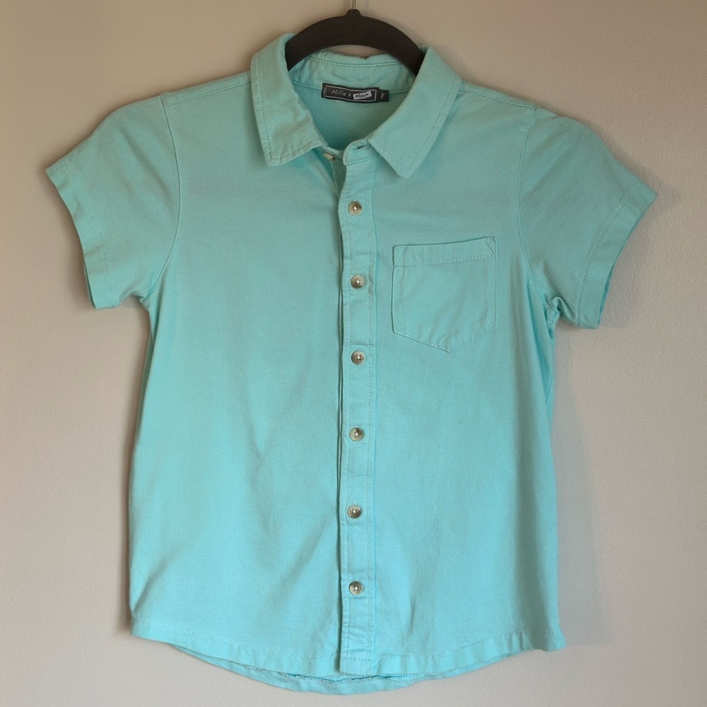 Millie & Maxx Boys Button Up Short Sleeve Shirt Bundle Size 8 Blue & Aqua Green - Picture 2 of 9